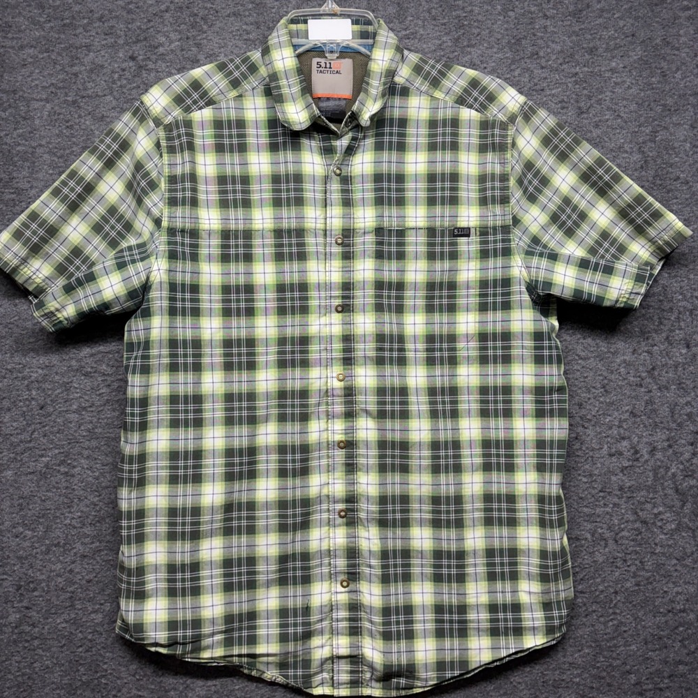 5.11 Tactical Mens Medium Green Plaid Ripstop Short Sleeve Vented Fishing Shirt